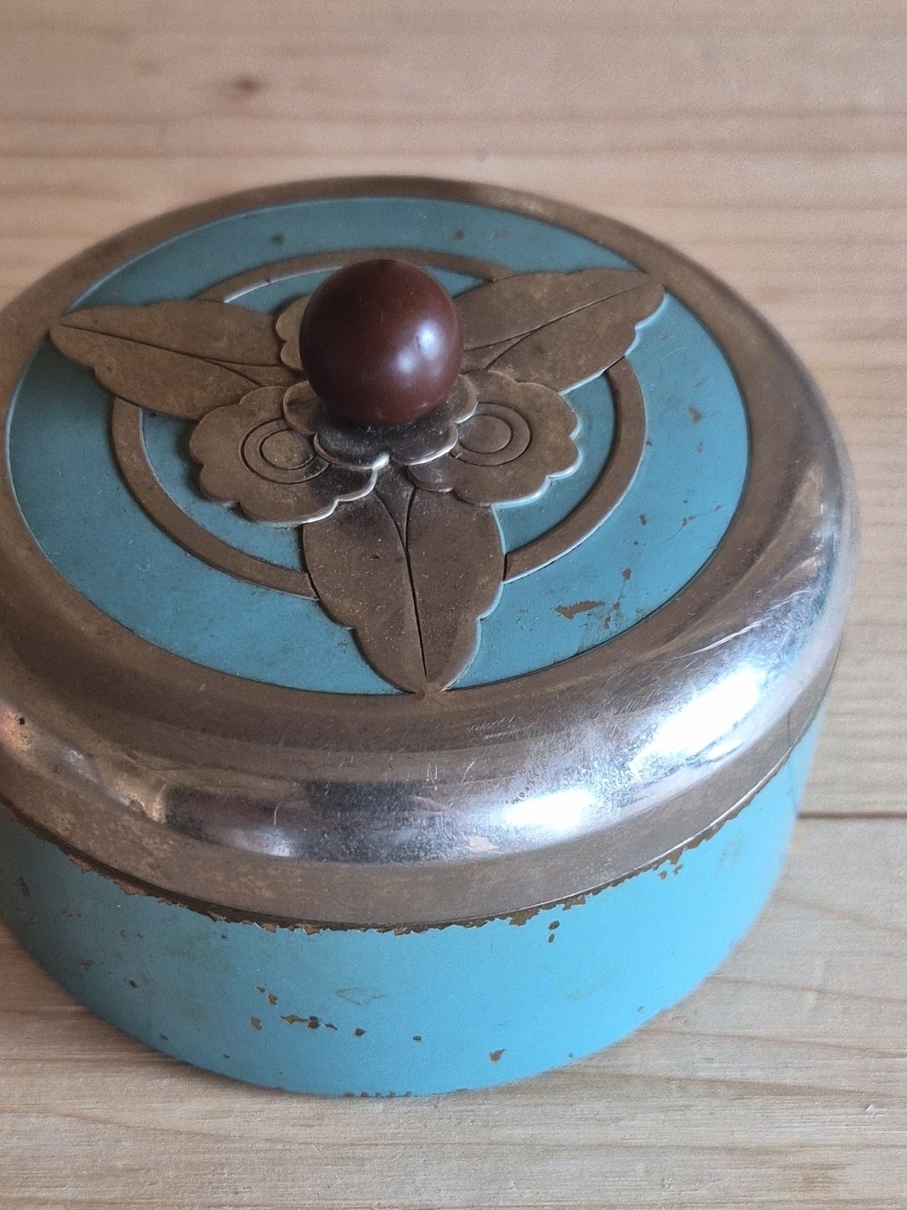 Vintage Art Deco Powder Puff Holder: Chrome, Teal Blue Enamel by Chase